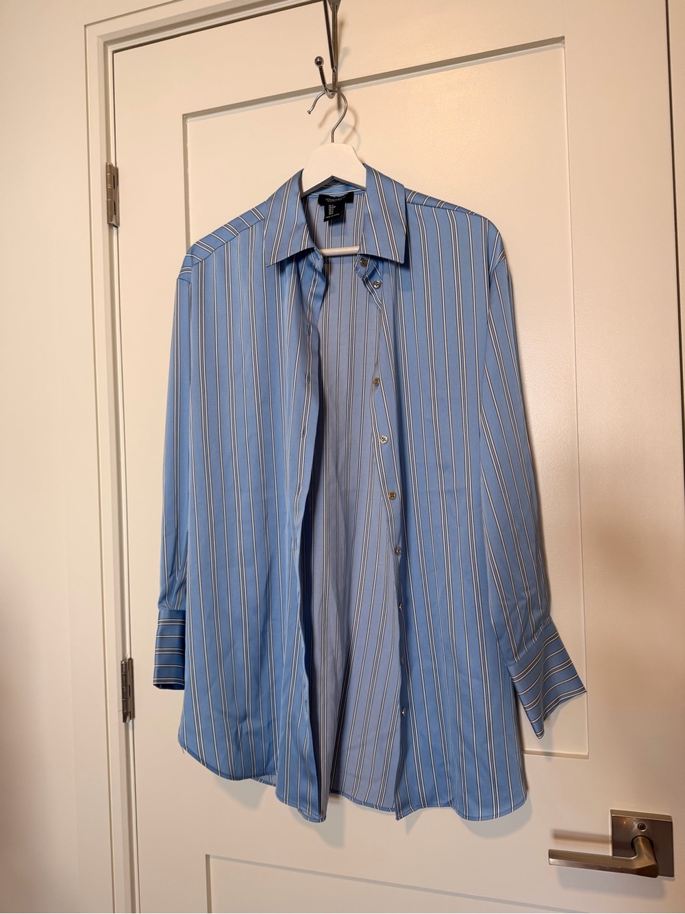 Jones New York Light Blue Striped Oversized Satin Dress Shirt